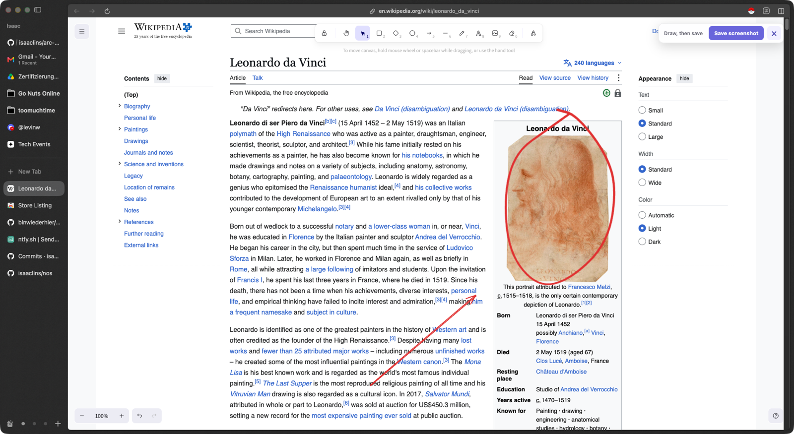 Wikipedia article about Leonardo da Vinci with a red circle drawn around his portrait and an arrow pointing to it