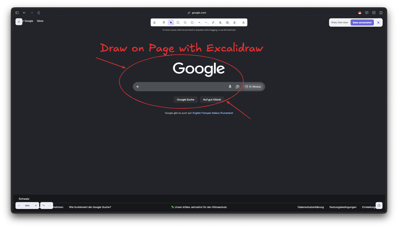Red hand-drawn circle and arrows over the Google homepage, drawn with the extension