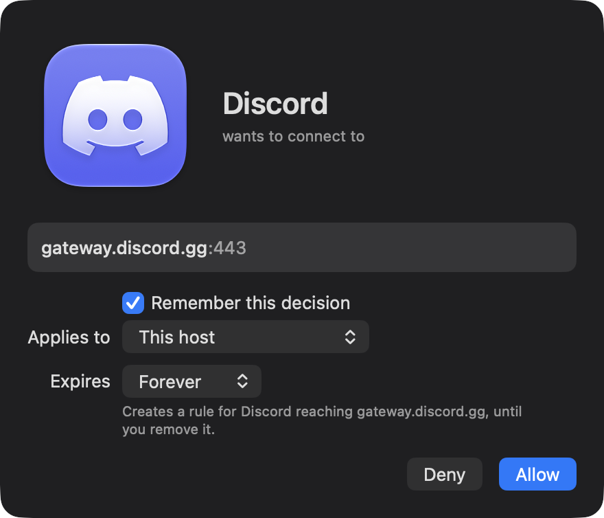 Connection alert: Discord wants to connect to gateway.discord.gg on port 443, with Remember, Applies to and Expires choices and Deny or Allow