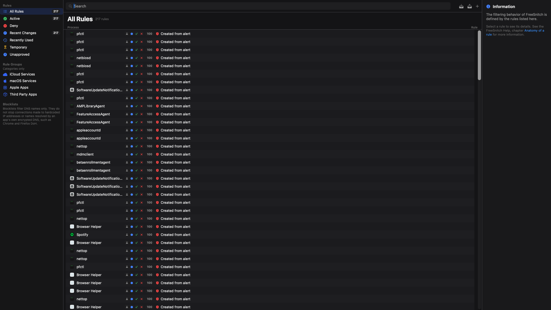 Rules Manager window listing process, hostname, port, action, and priority columns