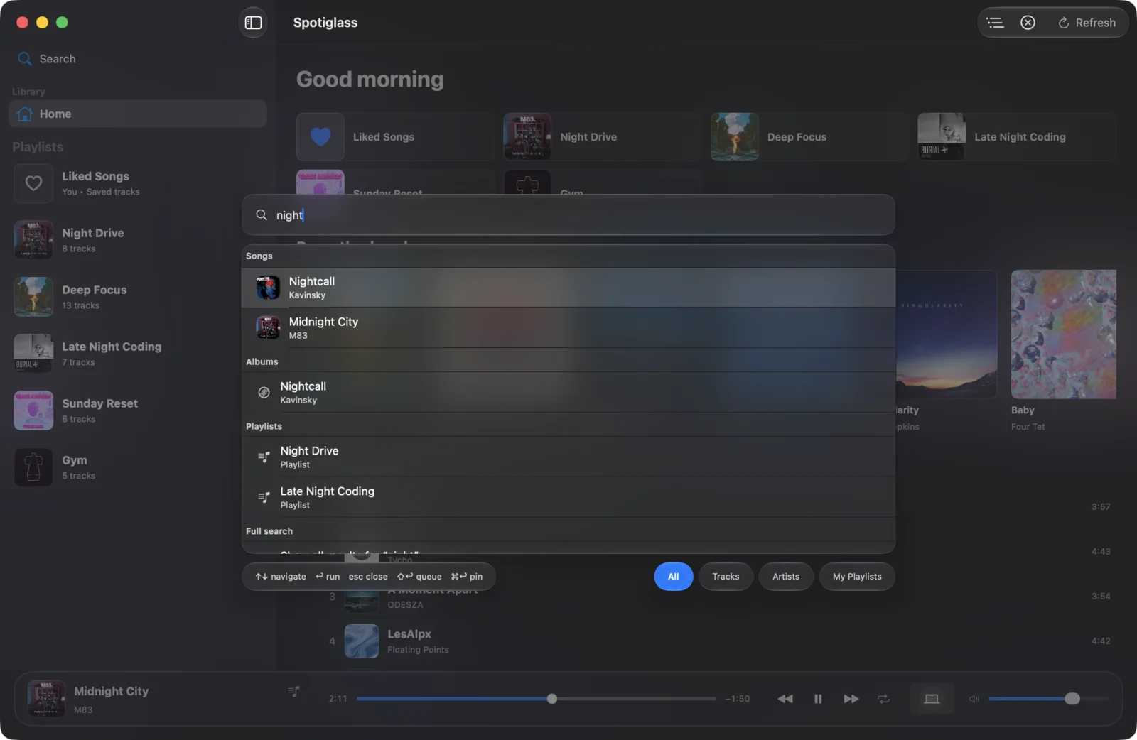 The Spotiglass command palette searching songs, albums and playlists for "night"