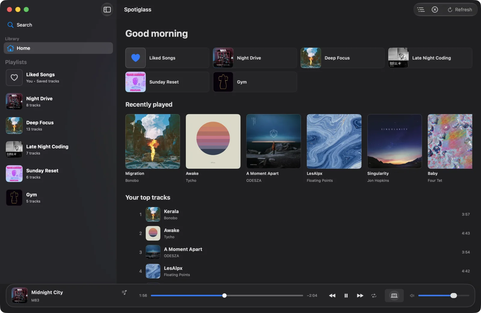 Spotiglass on macOS: home with playlists, recently played and the player bar