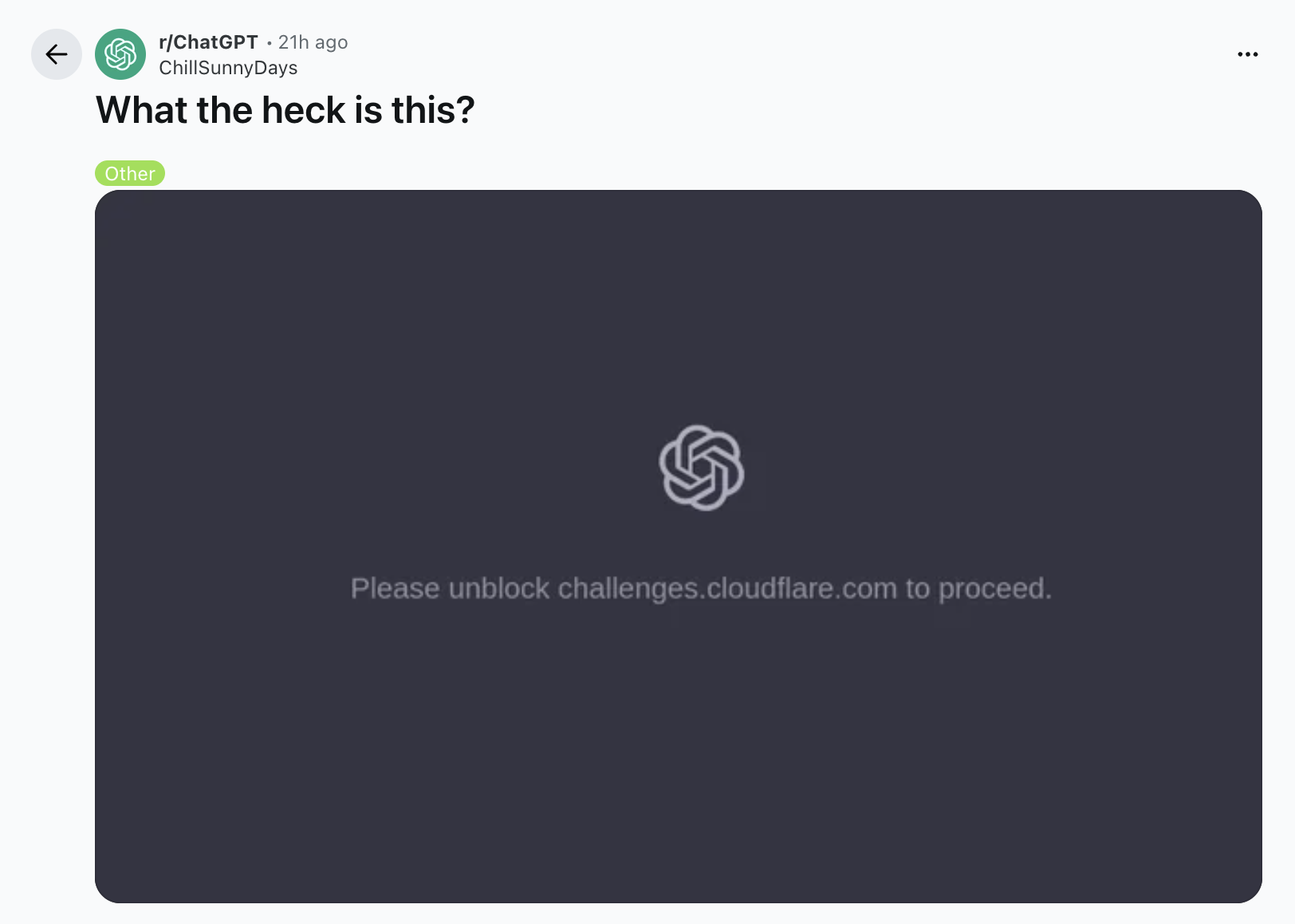 r/chatgpt; what the heck is this -> image of challenges.cloudflare.com being down