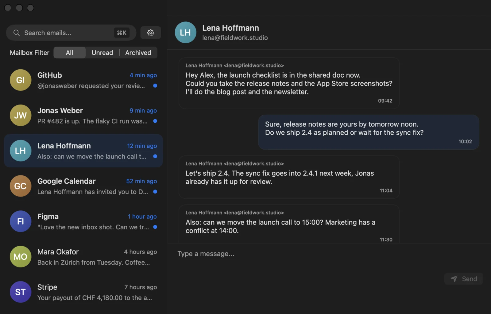 PowerUserMail on macOS: the inbox on the left, a conversation with a colleague open on the right