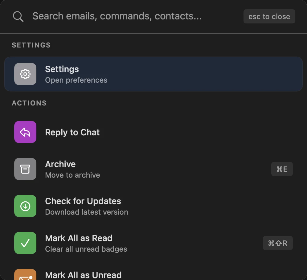 The PowerUserMail command palette: settings and actions, one search away