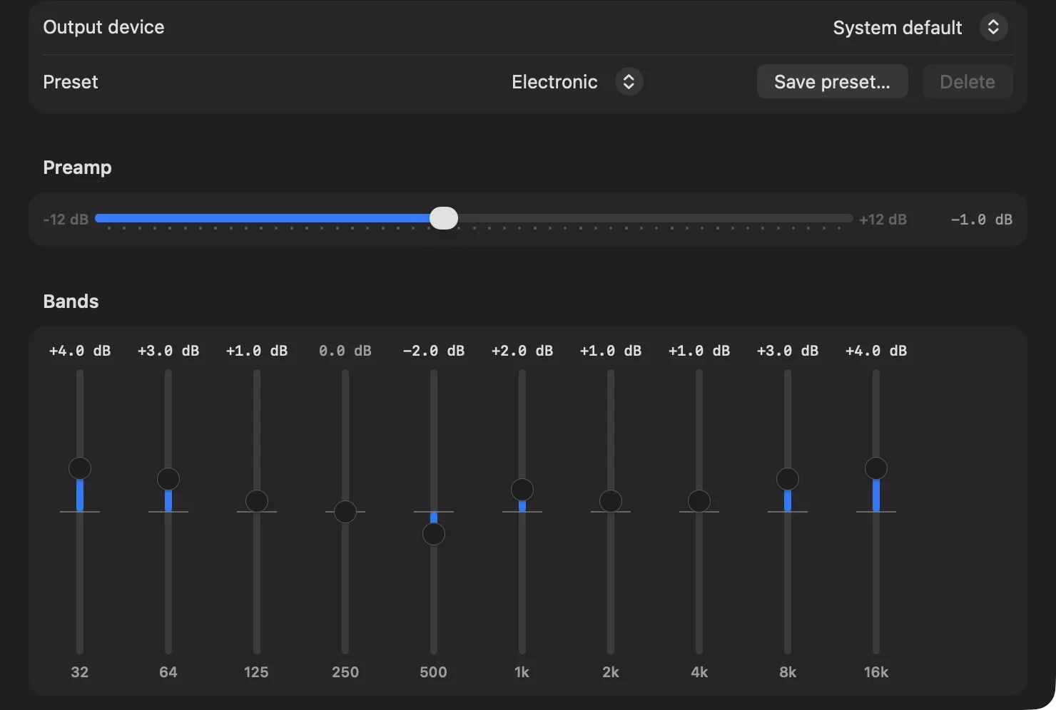 Spotiglass Settings, Equalizer: output device, the Electronic preset, preamp and ten band sliders from 32 Hz to 16 kHz