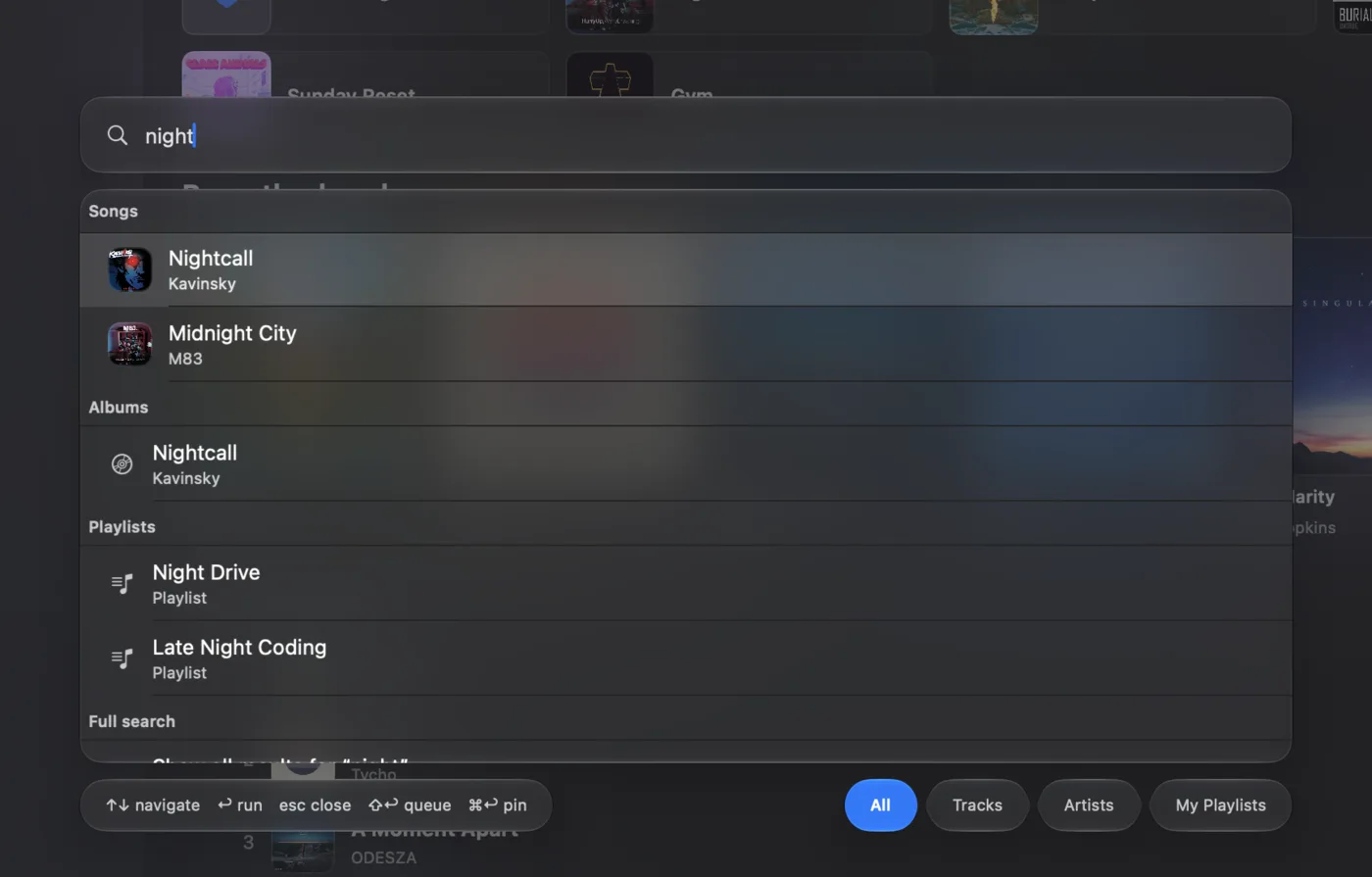 The command palette searching for night: songs, an album and playlists, with queue and pin shortcuts in the footer